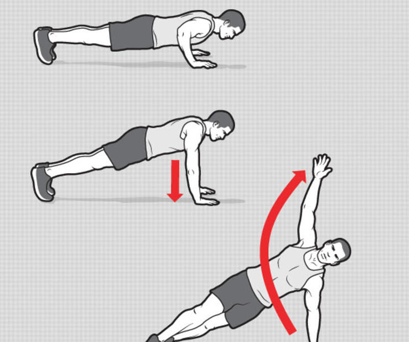 Т-образные отжиманияВыполните обычное отжимание, в нижней точке поднимите правую руку вверх. Повернитесь на носках и опустите пятки на пол. Вернитесь в исходное положение и повторите, на этот раз поднимая левую руку. 10 повторений, 3 подхода.