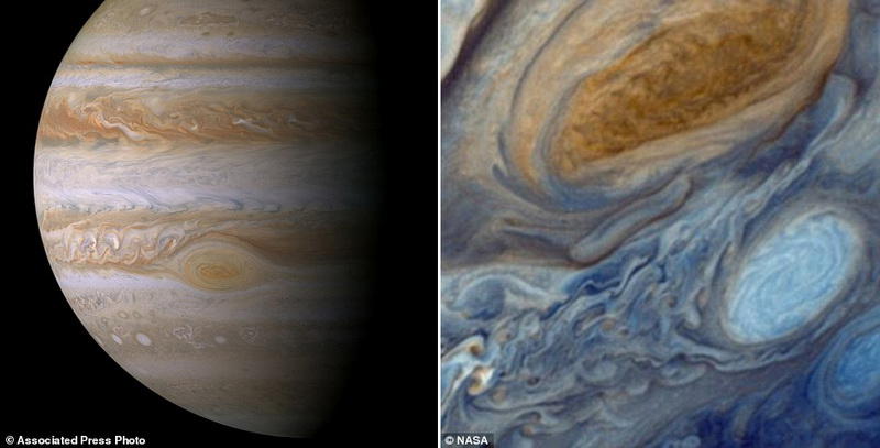 This composite image of photographs made by NASA's Cassini spacecraft on Dec. 29, 2000 shows the planet Jupiter. The photographs taken during the Cassini's closest approach to the gas giant at a distance of approximately 10 million kilometers (6.2 million miles). The Great Red Spot, a fierce storm larger than Earth, has been observed for centuries. But in recent years, it has been mysteriously shrinking. (NASA/JPL/Space Science Institute via AP)
