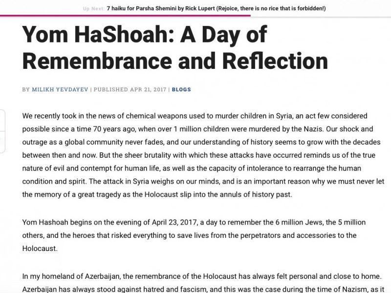 “Jewish Journal” Holokostdan və Xocalı qətliamından yazdı