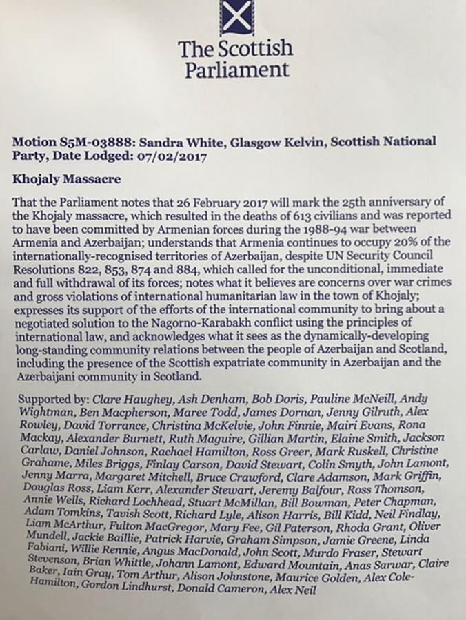 Парламент Шотландии принял резолюцию, осуждающую Ходжалинский геноцид