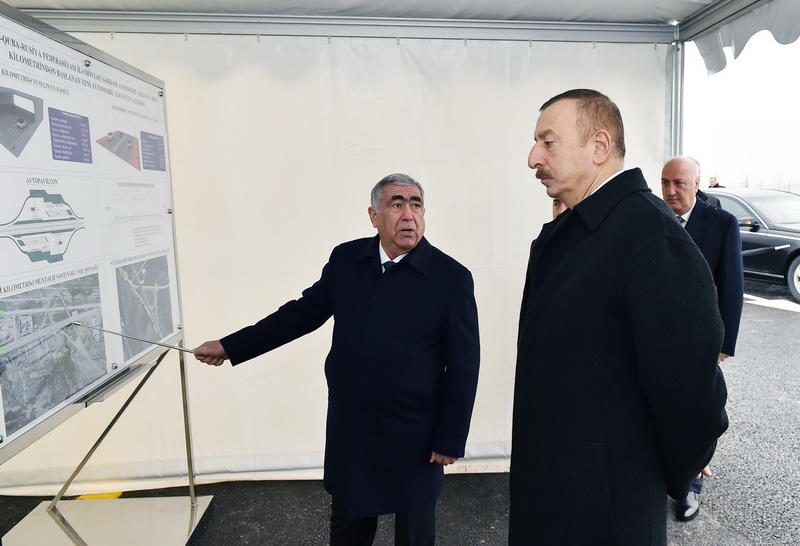 Президент Ильхам Алиев принял участие в закладке участка дороги Баку - граница с Россией