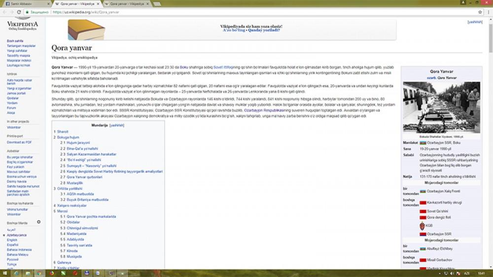 “Wikipedia”nın özbəkdilli versiyasında “Qara Yanvar” adlı bölmə yaradılıb