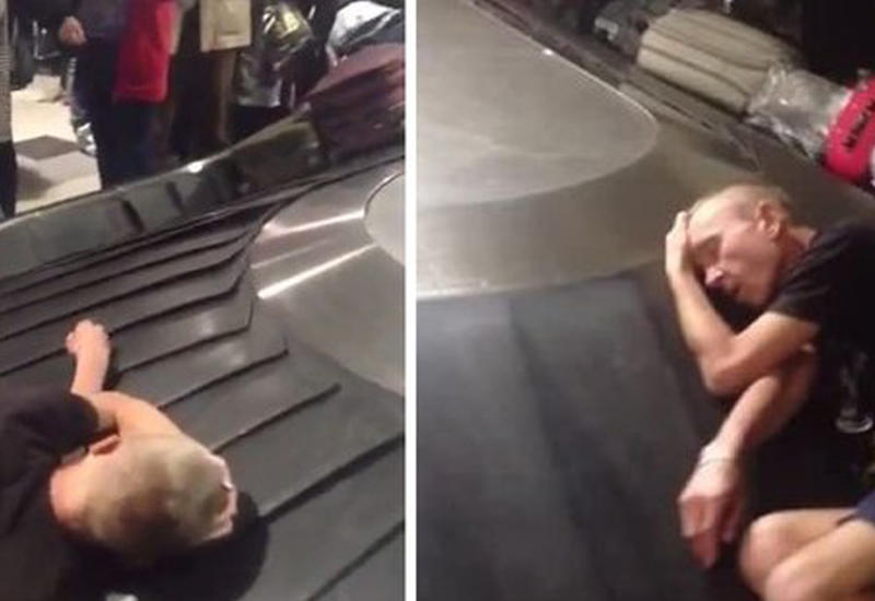 Пьяный пассажир заснул на багажной ленте в аэропорту