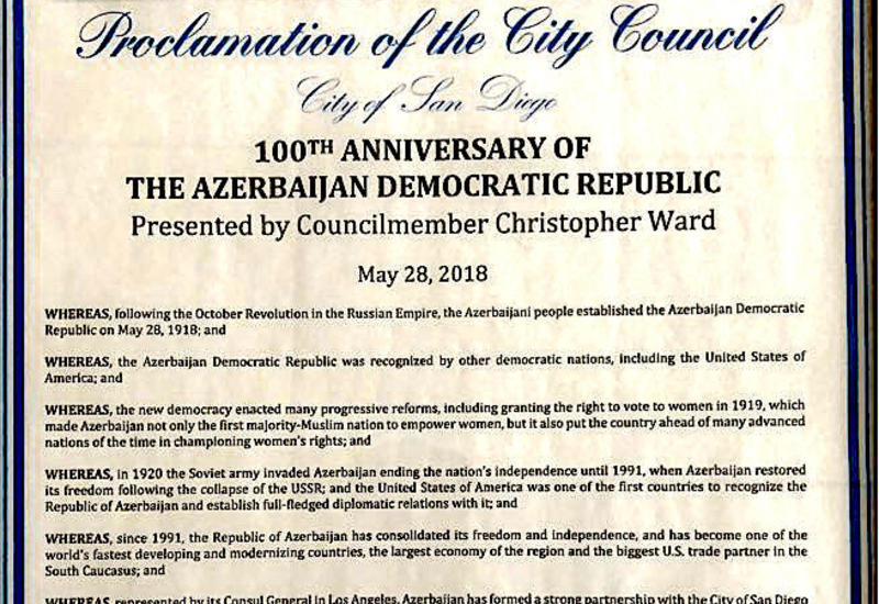 В Сан-Диего 28 мая объявлено "Днем 100-летия Азербайджанской Демократической Республики"