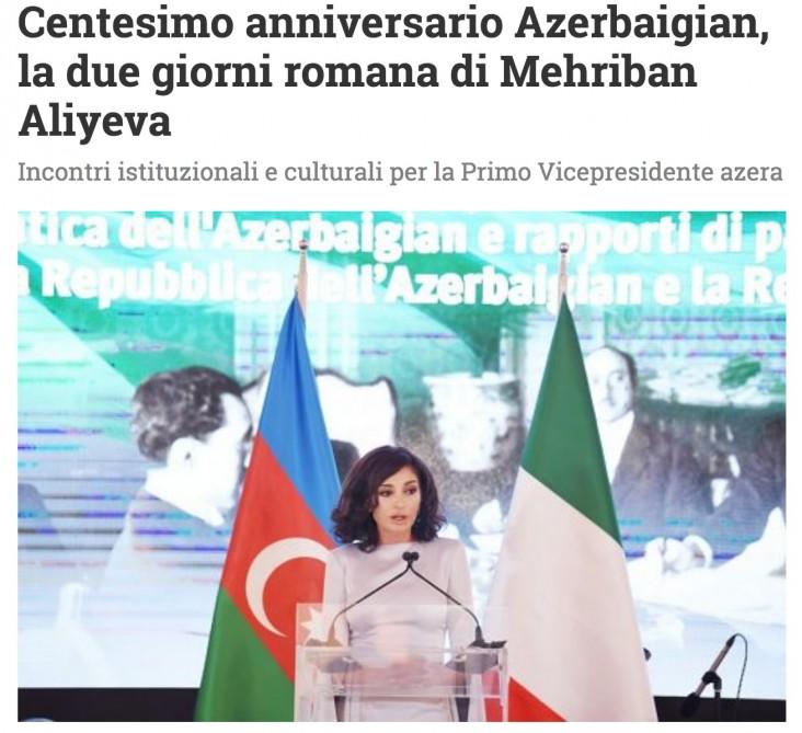 Официальный визит в Италию Первого вице-президента Мехрибан Алиевой широко освещен в СМИ этой страны