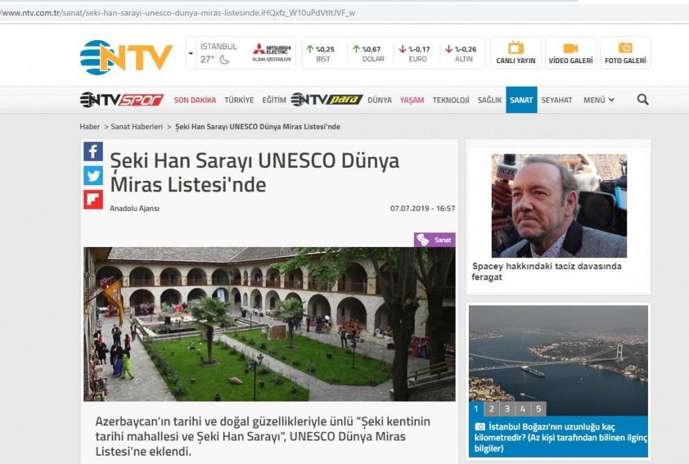 Турецкая пресса широко осветила включение исторического центра Шеки вместе с Ханским дворцом в Список всемирного наследия ЮНЕСКО
