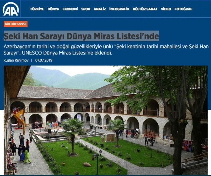 Турецкая пресса широко осветила включение исторического центра Шеки вместе с Ханским дворцом в Список всемирного наследия ЮНЕСКО