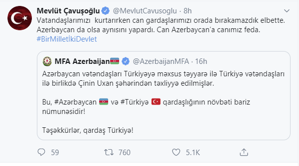 Мевлют Чавушоглу: "Мы готовы пожертвовать своей жизнью ради родного Азербайджана"
