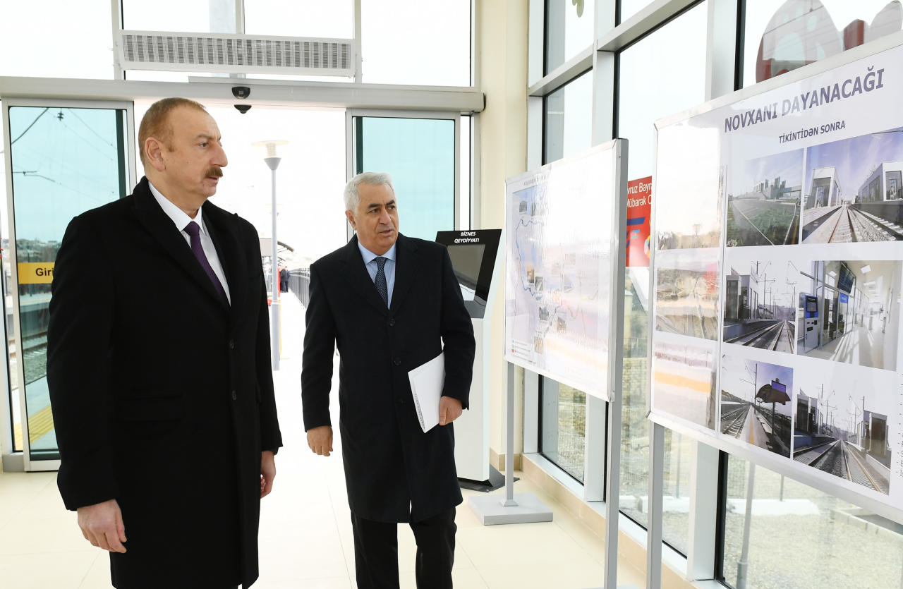 Президент Ильхам Алиев принял участие в открытии после реконструкции участка Пиршаги-Горадиль-Новханы-Сумгайыт Абшеронской кольцевой железной дороги