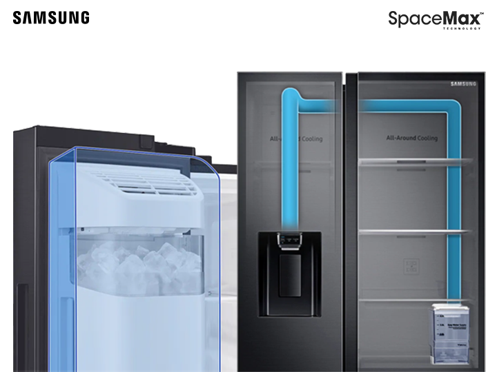 Подключение холодильника воде. Самсунг холодильник Space Max. Холодильник самсунг с ледогенератором. All around Cooling в холодильнике Samsung. Холодильник самсунг с ледогенератором с подключением к воде.