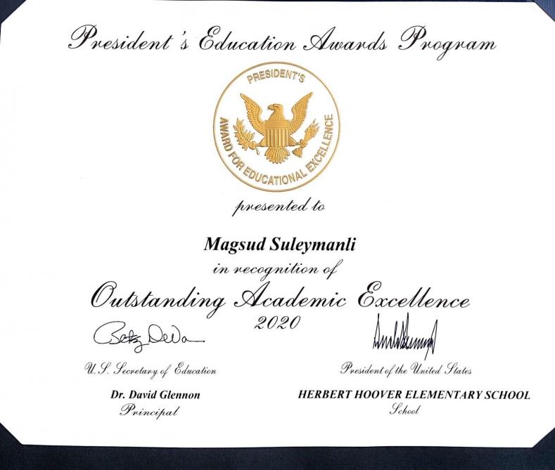 В США 10-летний азербайджанец получил премию президента за особые успехи в учебе