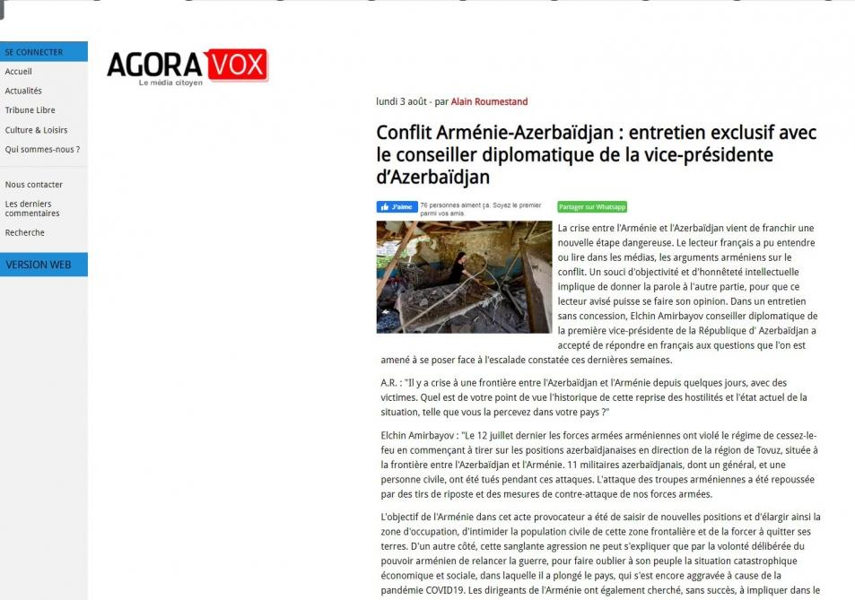 Помощник Первого вице-президента Азербайджана дал эксклюзивное интервью об армяно-азербайджанском конфликте порталу “Agoravox”
