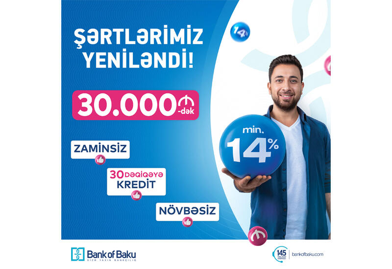 FAİZLƏR ENDİ, ŞƏRTLƏR DƏYİŞDİ: Bank of Baku-dan min.14% ilə 30.000 AZN-dək KREDİT!