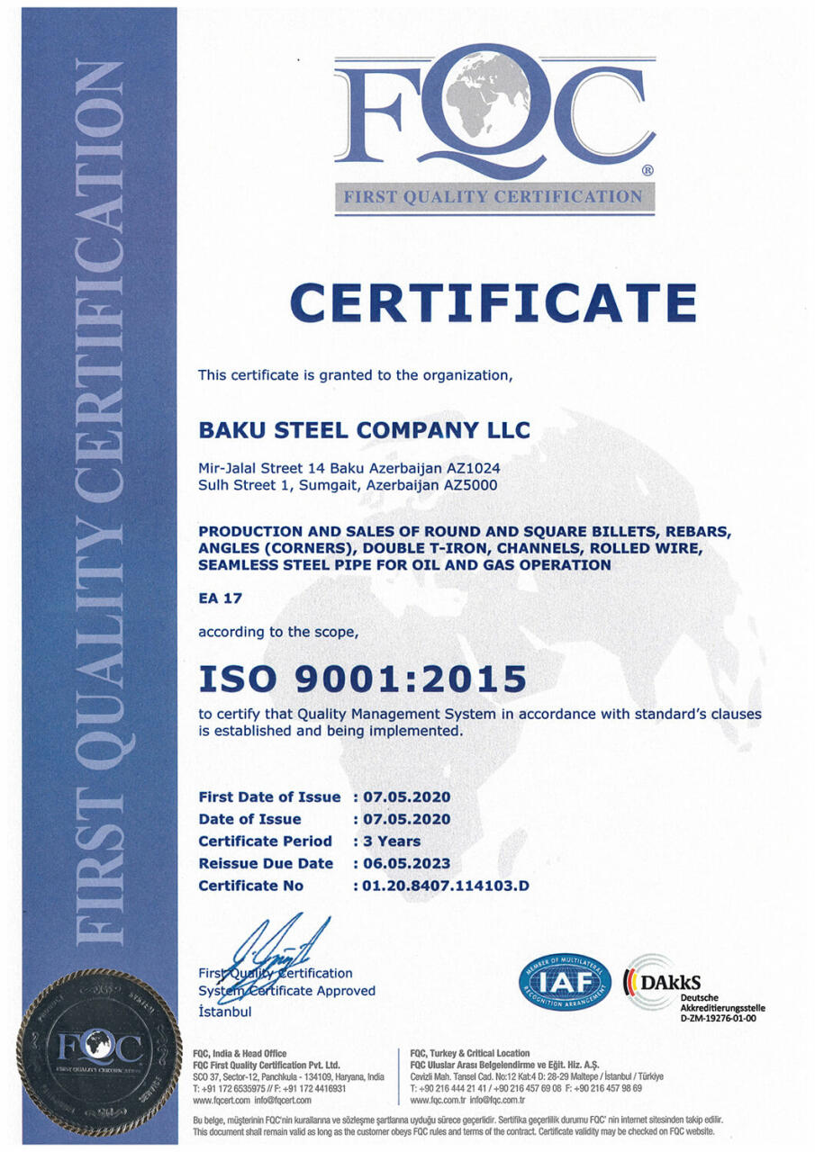 Европейские и американские сертификаты качества в производстве стали в Азербайджане выданы только Baku Steel Company