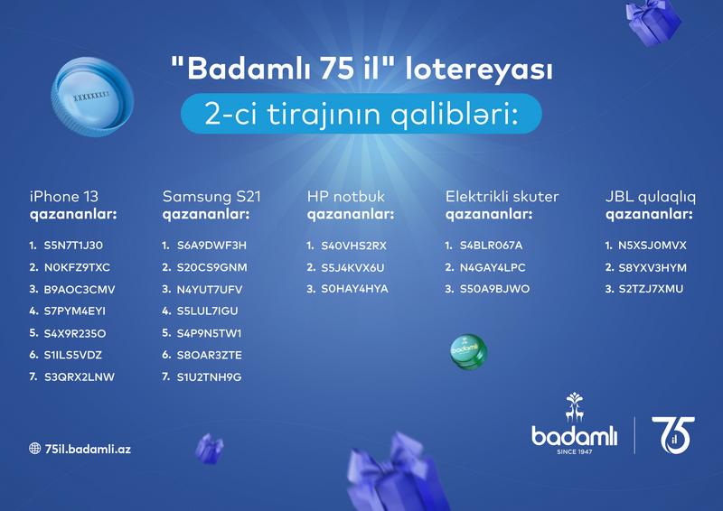"Badamlı75"  lotereyasının 2-ci tirajının qaliblərinə hədiyyələr təqdim edilib