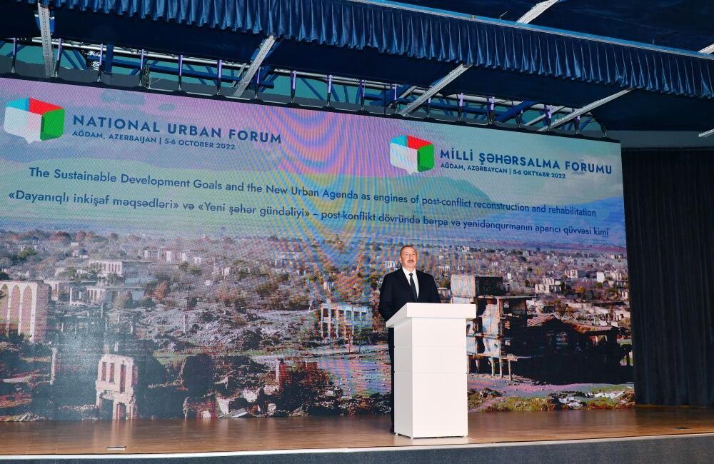 Президент Ильхам Алиев и Первая леди Мехрибан Алиева приняли участие в церемонии открытия Азербайджанского национального градостроительного форума в Агдаме