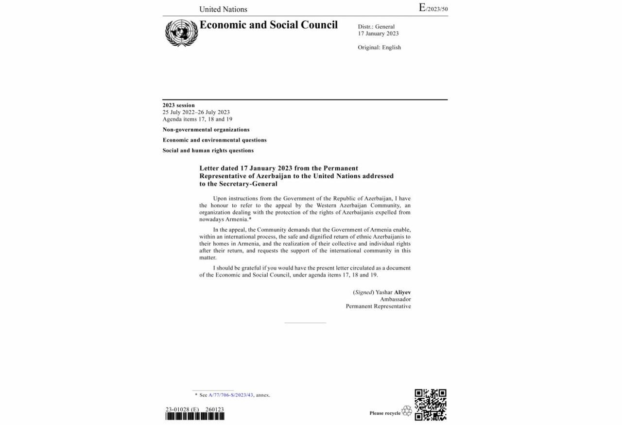 Секретариат ООН распространил обращение Общины Западного Азербайджана как официальный документ