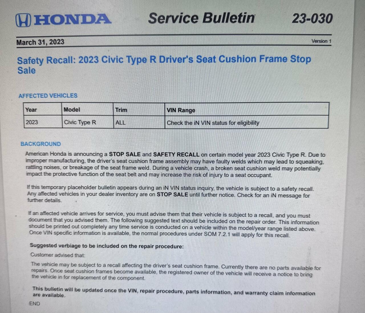 Honda остановила продажи Civic Type-R