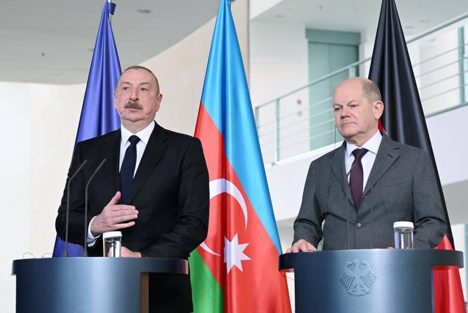 Состоялась совместная пресс-конференция Президента Ильхама Алиева и Канцлера Германии Олафа Шольца