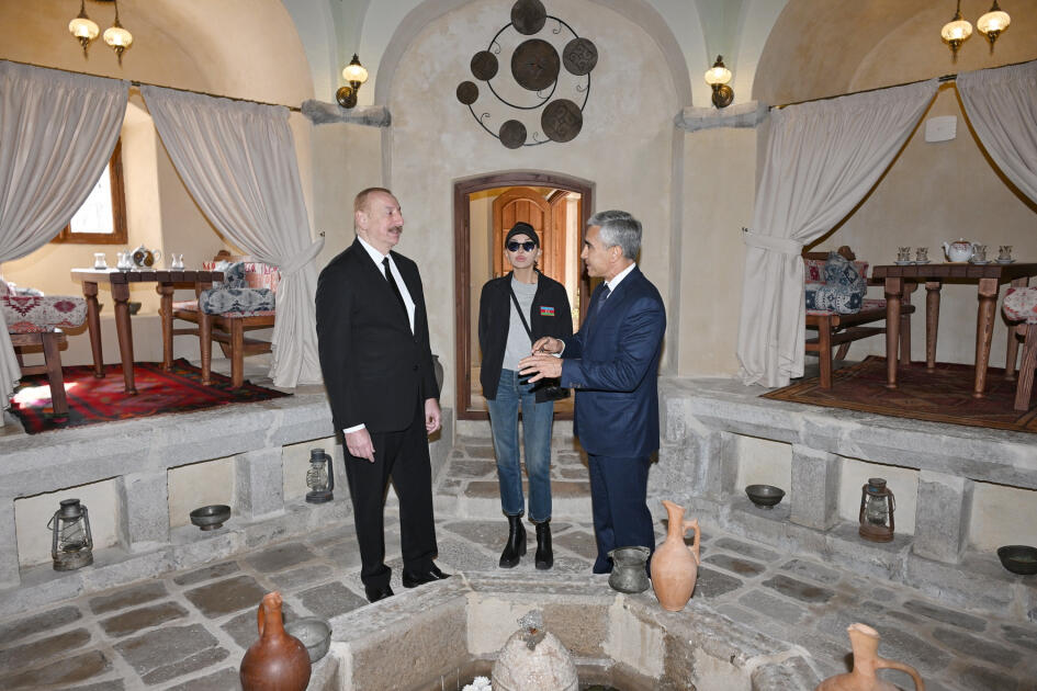 Президент Ильхам Алиев и Первая леди Мехрибан Алиева приняли участие в открытии после реставрации бани Ширин су в Шуше