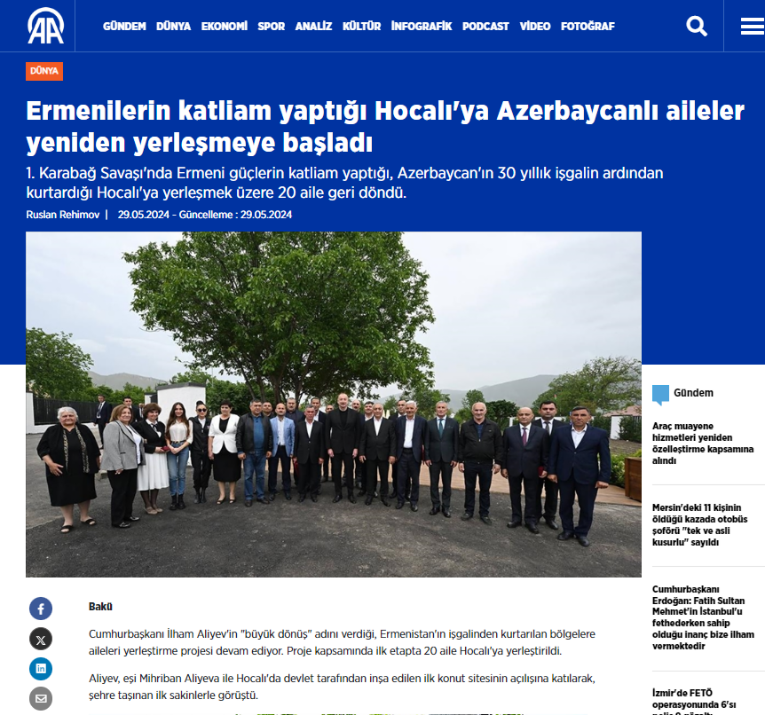 Визит Президента Ильхама Алиева и Первой леди Мехрибан Алиевой в Ходжалы в центре внимания ведущих СМИ Турции