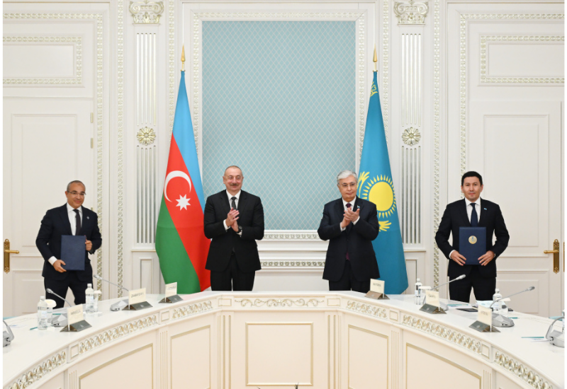 Состоялась церемония обмена Акционерным соглашением между Азербайджаном и Казахстаном с участием Президента Ильхама Алиева и Президента Касым-Жомарта Токаева