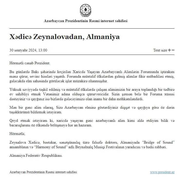 Xaricdə Yaşayan Azərbaycanlı Alimlərin Forumunun iştirakçıları Prezident İlham Əliyevə təşəkkür ediblər