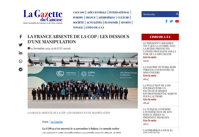 La Gazette du Caucase осудила французских политиков за проармянскую позицию в отношении COP29