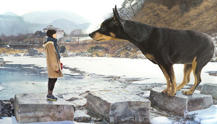 Реалистичные рисунки гигантского пса и симпатичной кореяночки - ФОТОСЕССИЯ